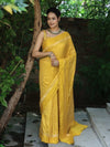 Banarasee Handwoven Semi Katan Saree Zari Buta Design With Plain Border-Yellow