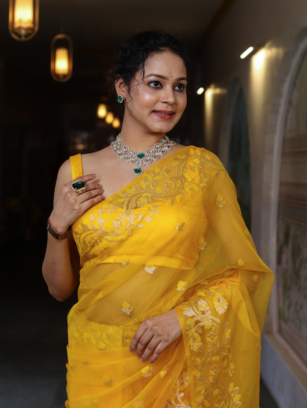 Banarasee Dual Color Organza Mix Saree With Zari & Resham Work-Yellow & Green
