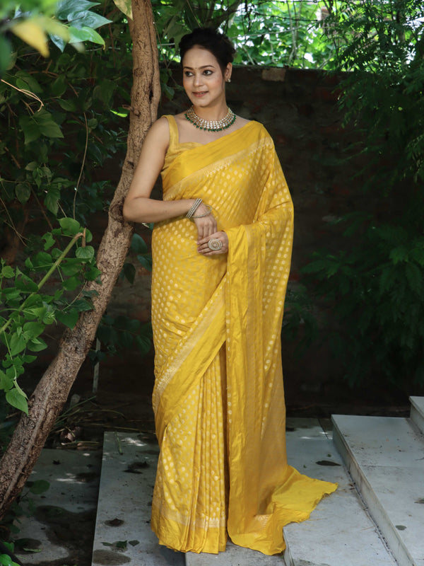 Banarasee Handwoven Semi Katan Saree Zari Buta Design With Plain Border-Yellow