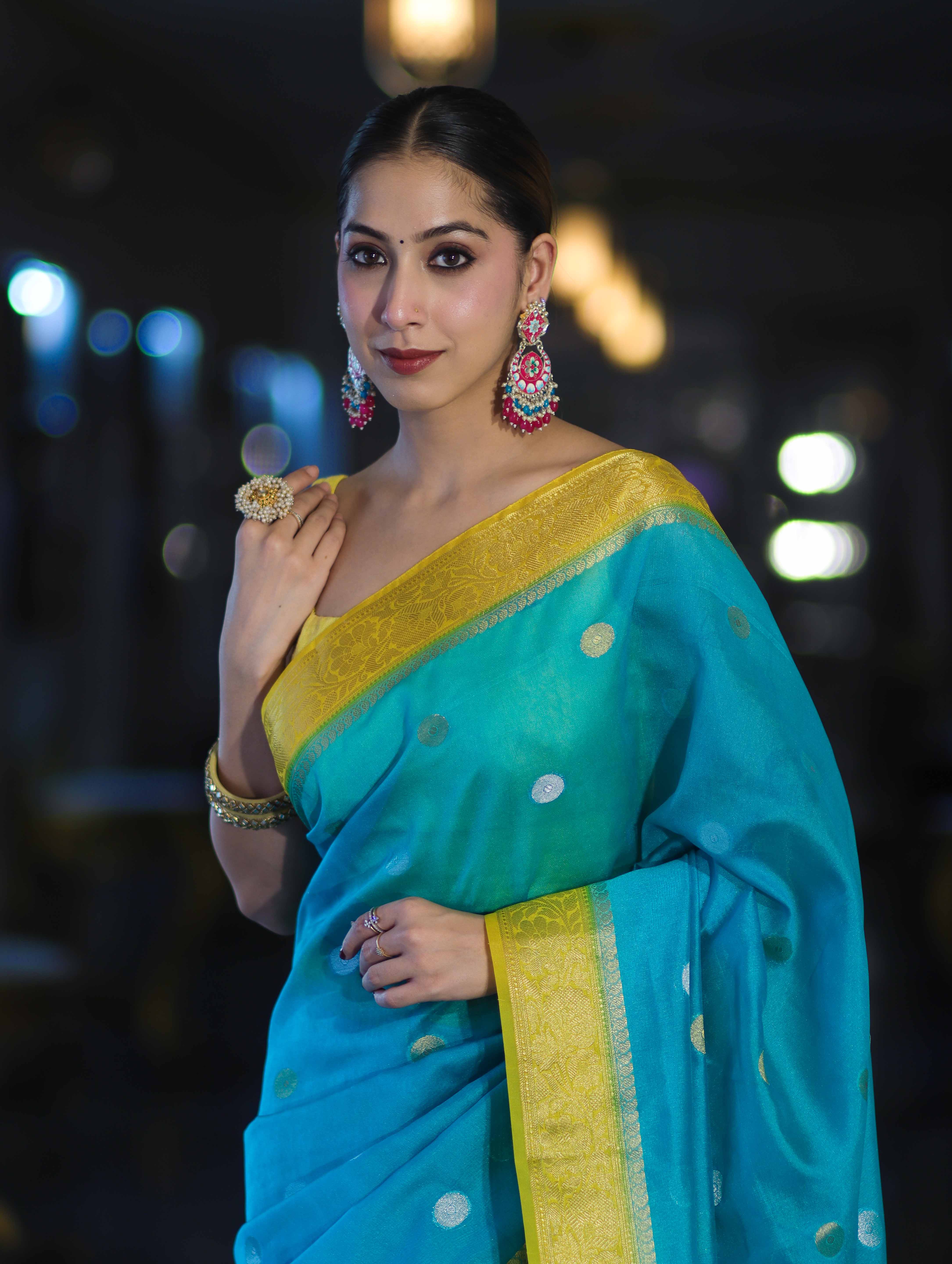 Banarasee Semi Chiffon Saree With Zari Buti Design & Contrast Border-Sky Blue & Yellow