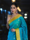 Banarasee Semi Chiffon Saree With Zari Buti Design & Contrast Border-Sky Blue & Yellow