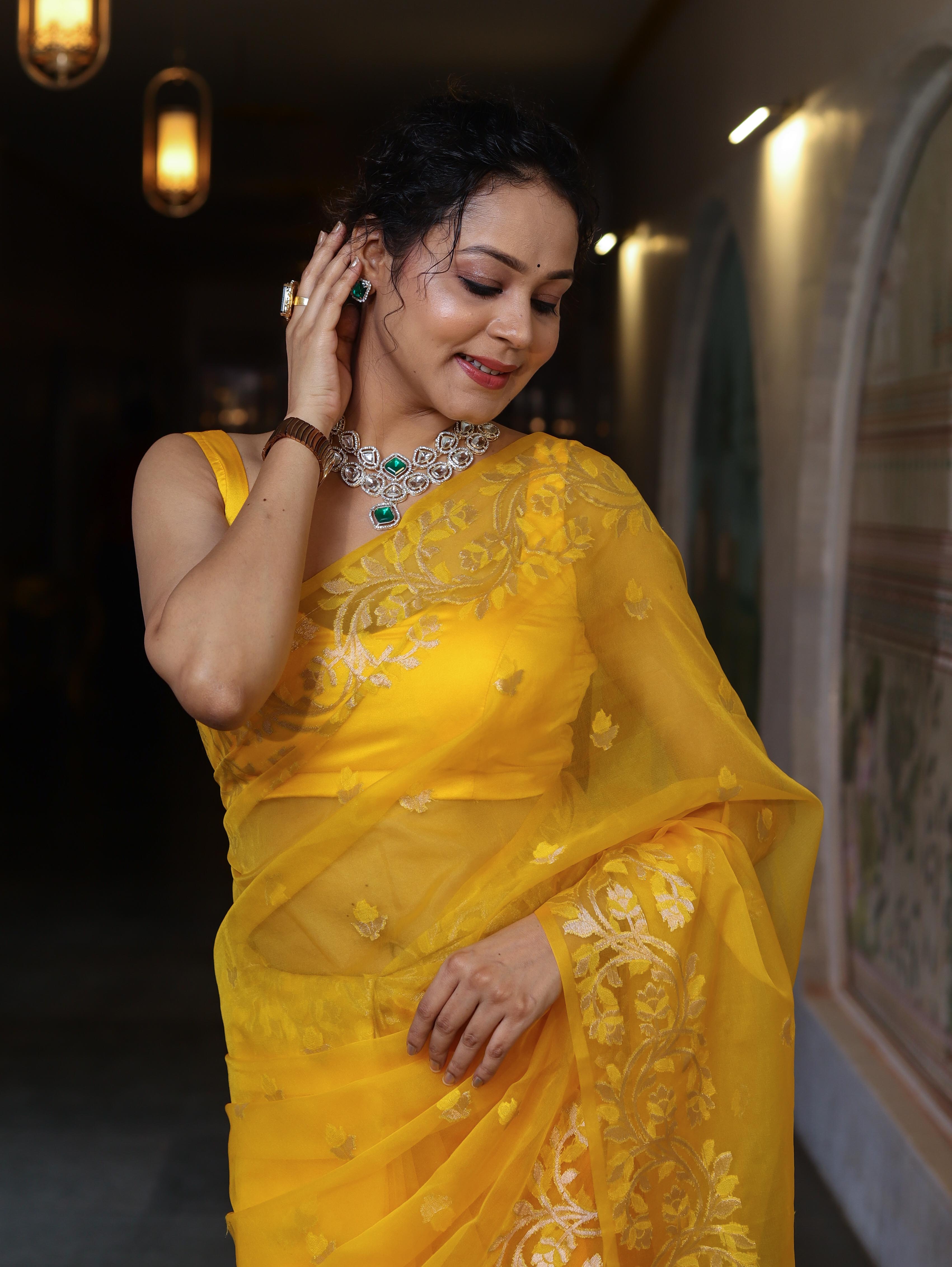 Banarasee Dual Color Organza Mix Saree With Zari & Resham Work-Yellow & Green