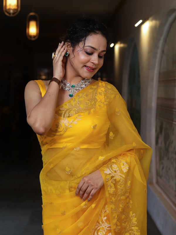Banarasee Dual Color Organza Mix Saree With Zari & Resham Work-Yellow & Green