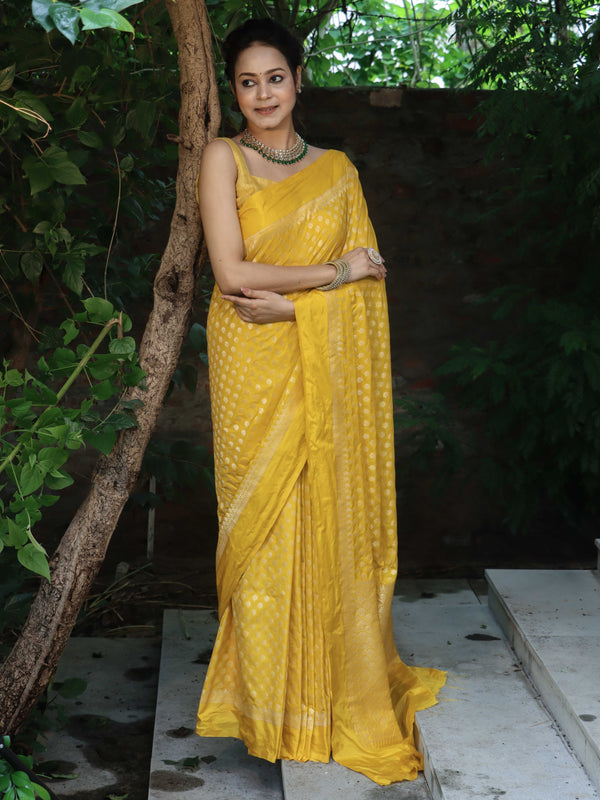 Banarasee Handwoven Semi Katan Saree Zari Buta Design With Plain Border-Yellow