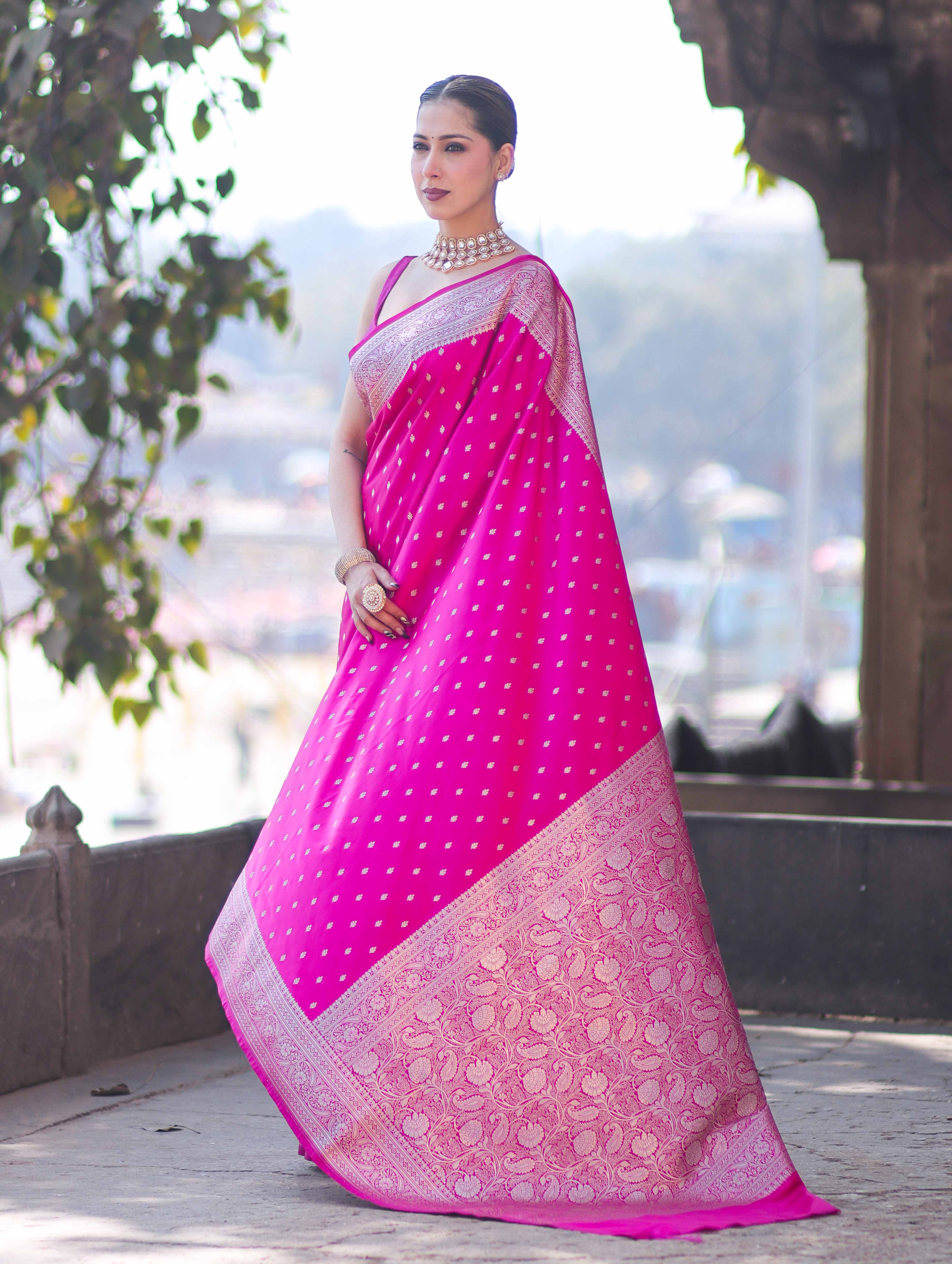 Banarasee Handloom Semi Katan Saree With Zari Buti Design & Border-Pink