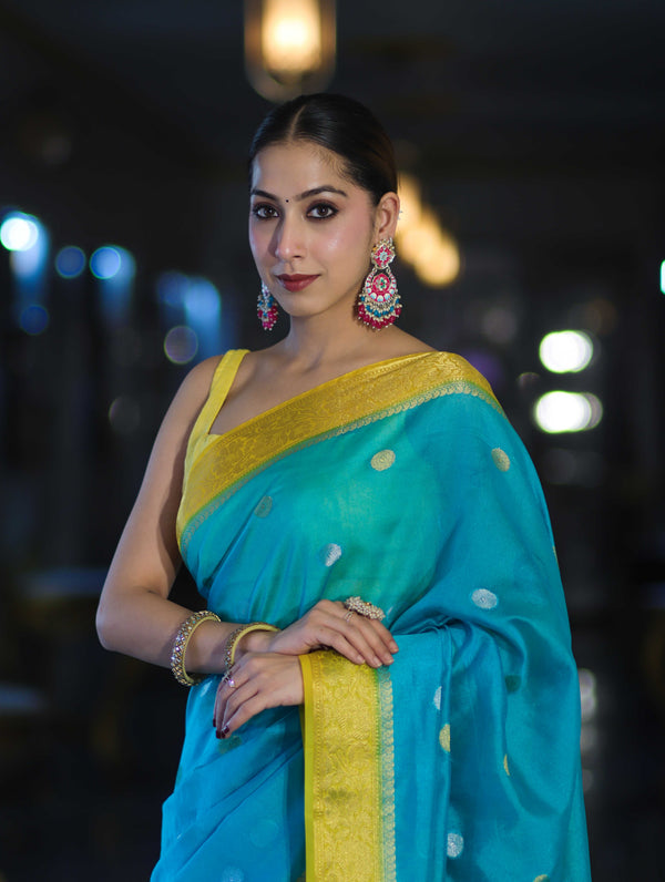 Banarasee Semi Chiffon Saree With Zari Buti Design & Contrast Border-Sky Blue & Yellow