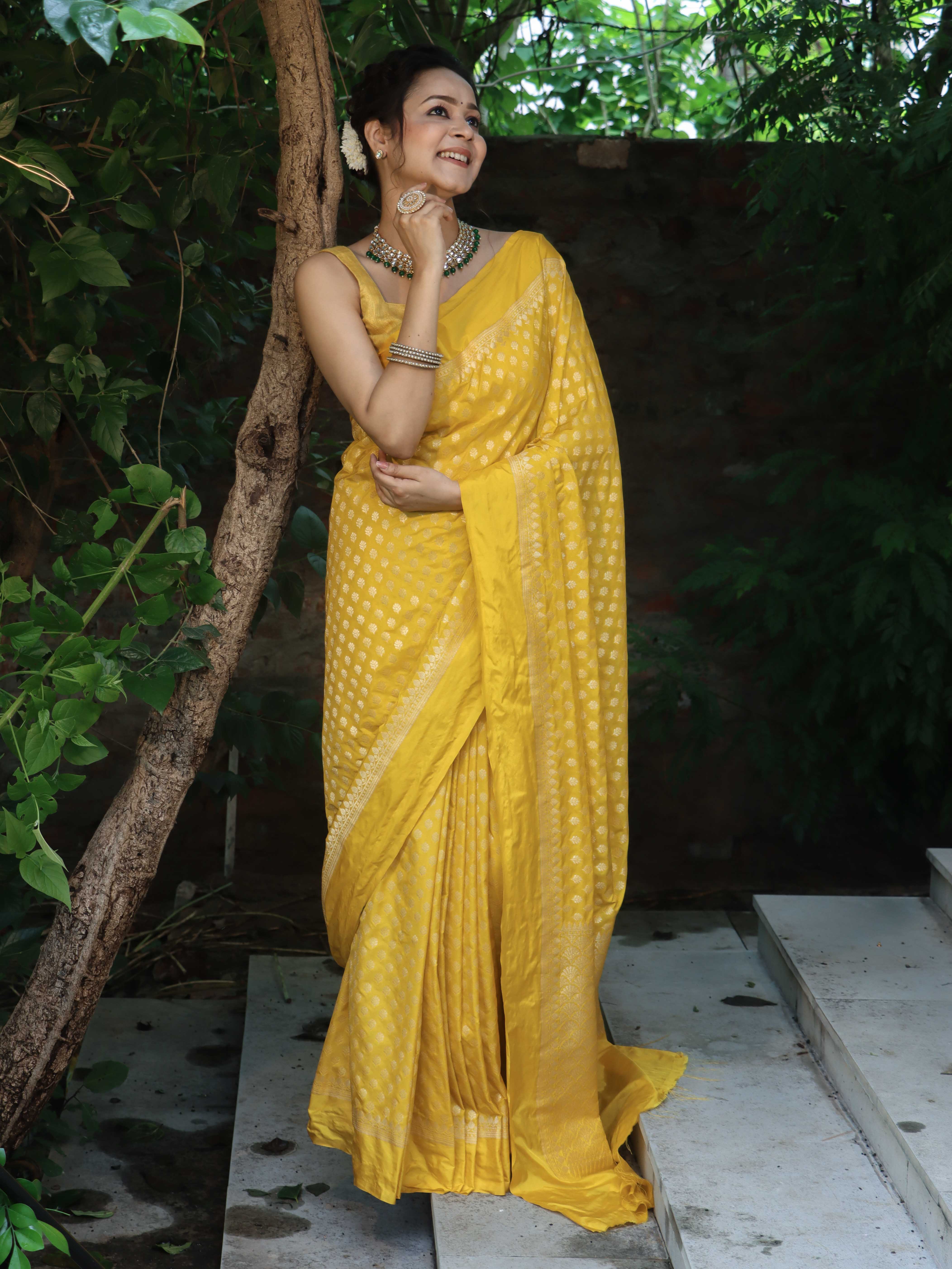 Banarasee Handwoven Semi Katan Saree Zari Buta Design With Plain Border-Yellow
