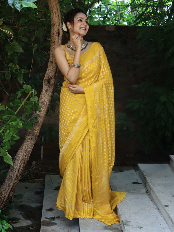 Banarasee Handwoven Semi Katan Saree Zari Buta Design With Plain Border-Yellow