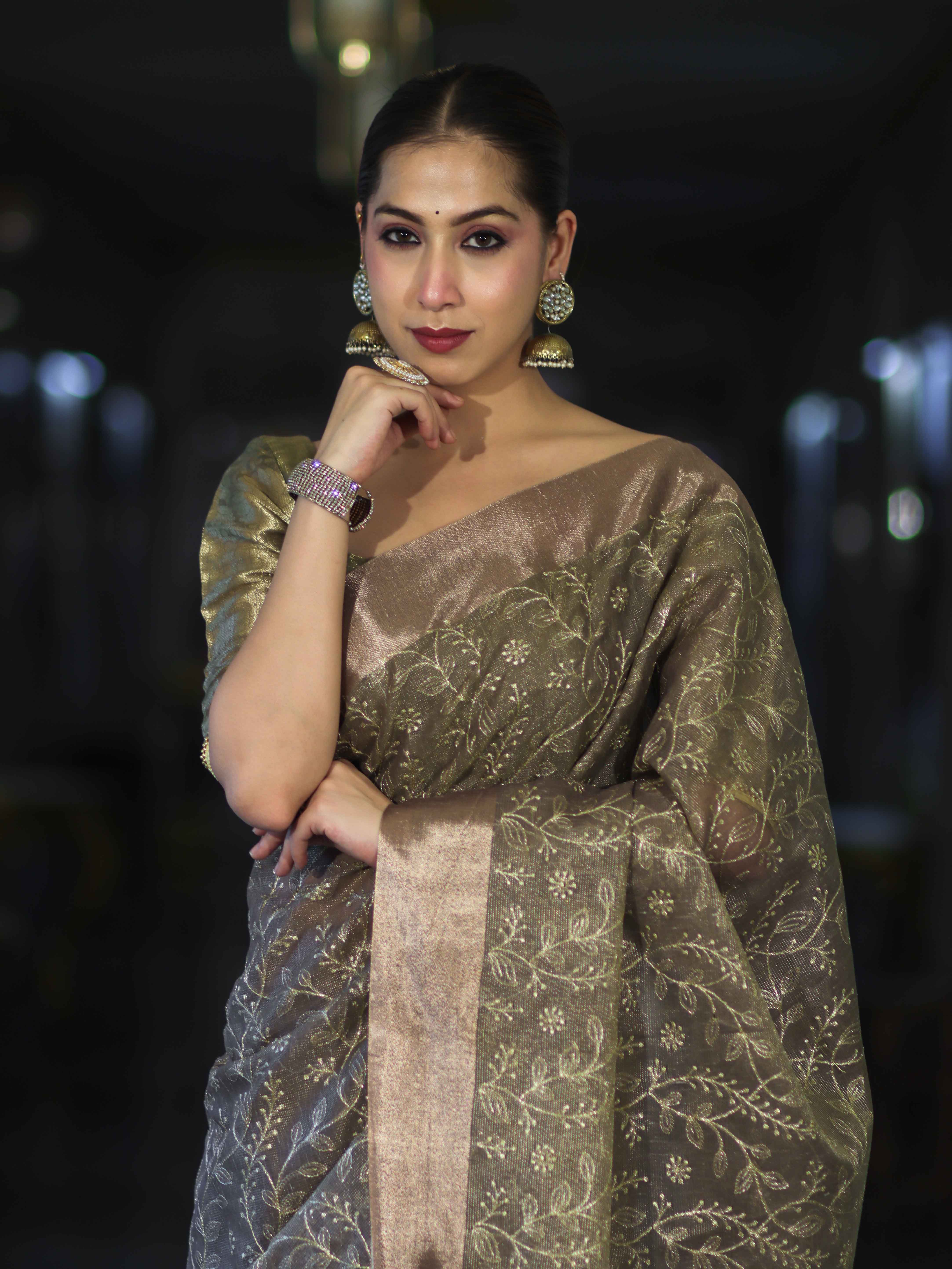 Banarasee Handloom Tissue Saree With Zari Thread Floral Embroidery & Border-Sage Green (Purple Tone)
