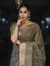 Banarasee Handloom Tissue Saree With Zari Thread Floral Embroidery & Border-Sage Green (Purple Tone)