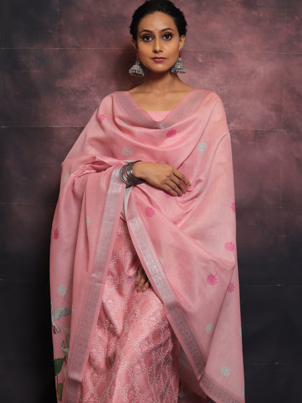 Banarasee Embroidered Chanderi Salwar Kameez With Digital Pichwai Print Dupatta-Pink