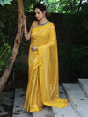 Banarasee Handwoven Semi Katan Saree Zari Buta Design With Plain Border-Yellow