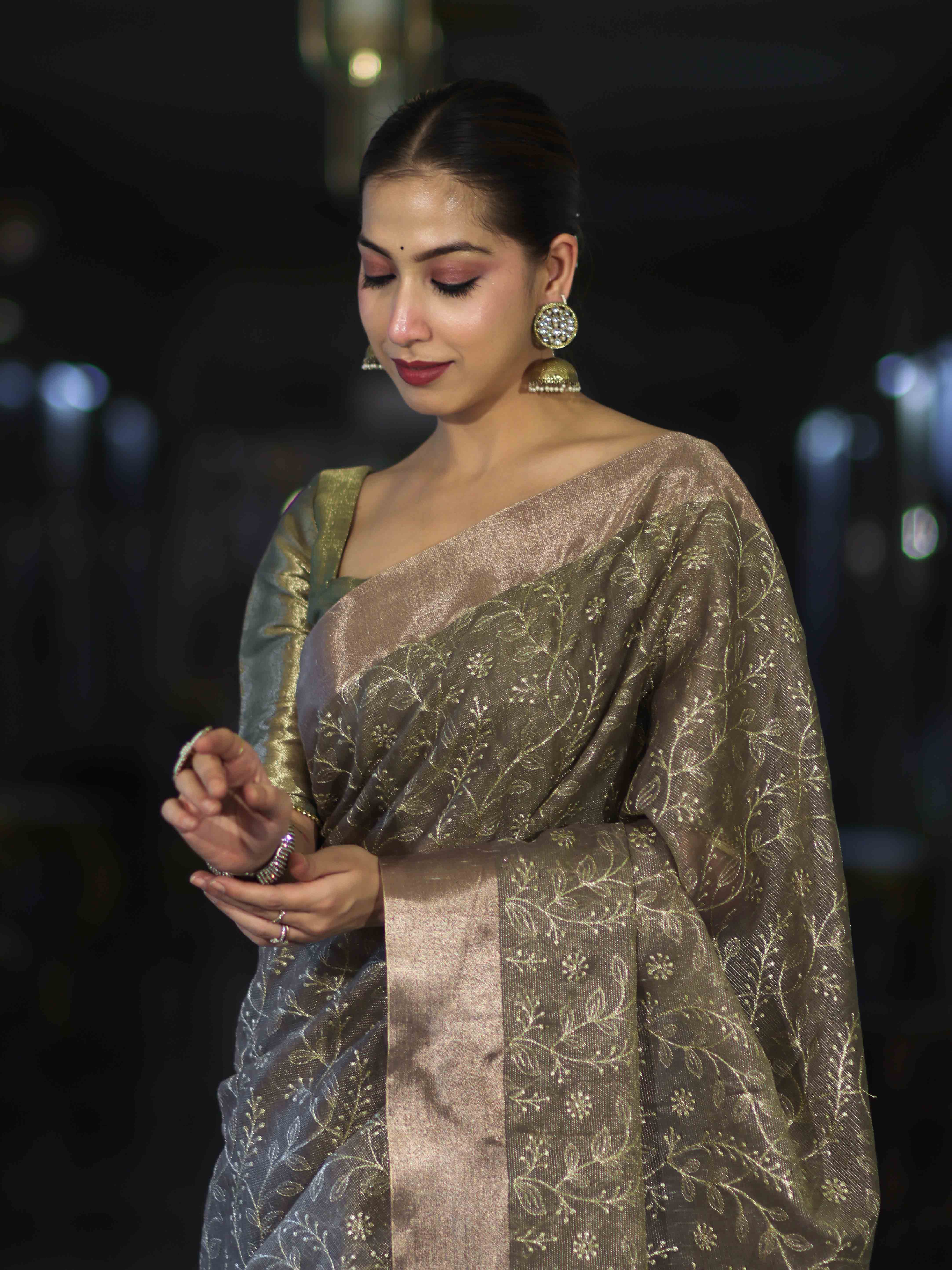 Banarasee Handloom Tissue Saree With Zari Thread Floral Embroidery & Border-Sage Green (Purple Tone)