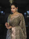 Banarasee Handloom Tissue Saree With Zari Thread Floral Embroidery & Border-Sage Green (Purple Tone)