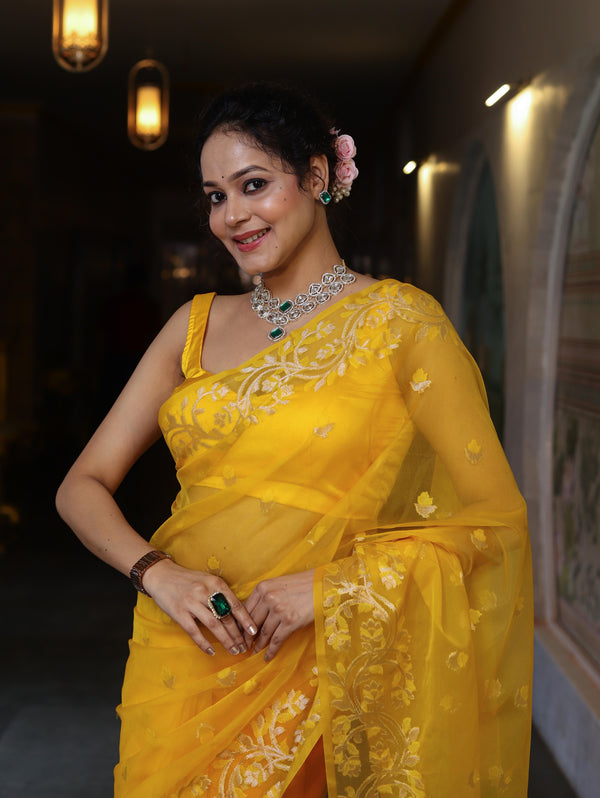 Banarasee Dual Color Organza Mix Saree With Zari & Resham Work-Yellow & Green