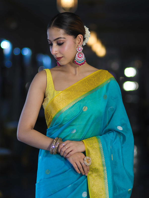 Banarasee Semi Chiffon Saree With Zari Buti Design & Contrast Border-Sky Blue & Yellow