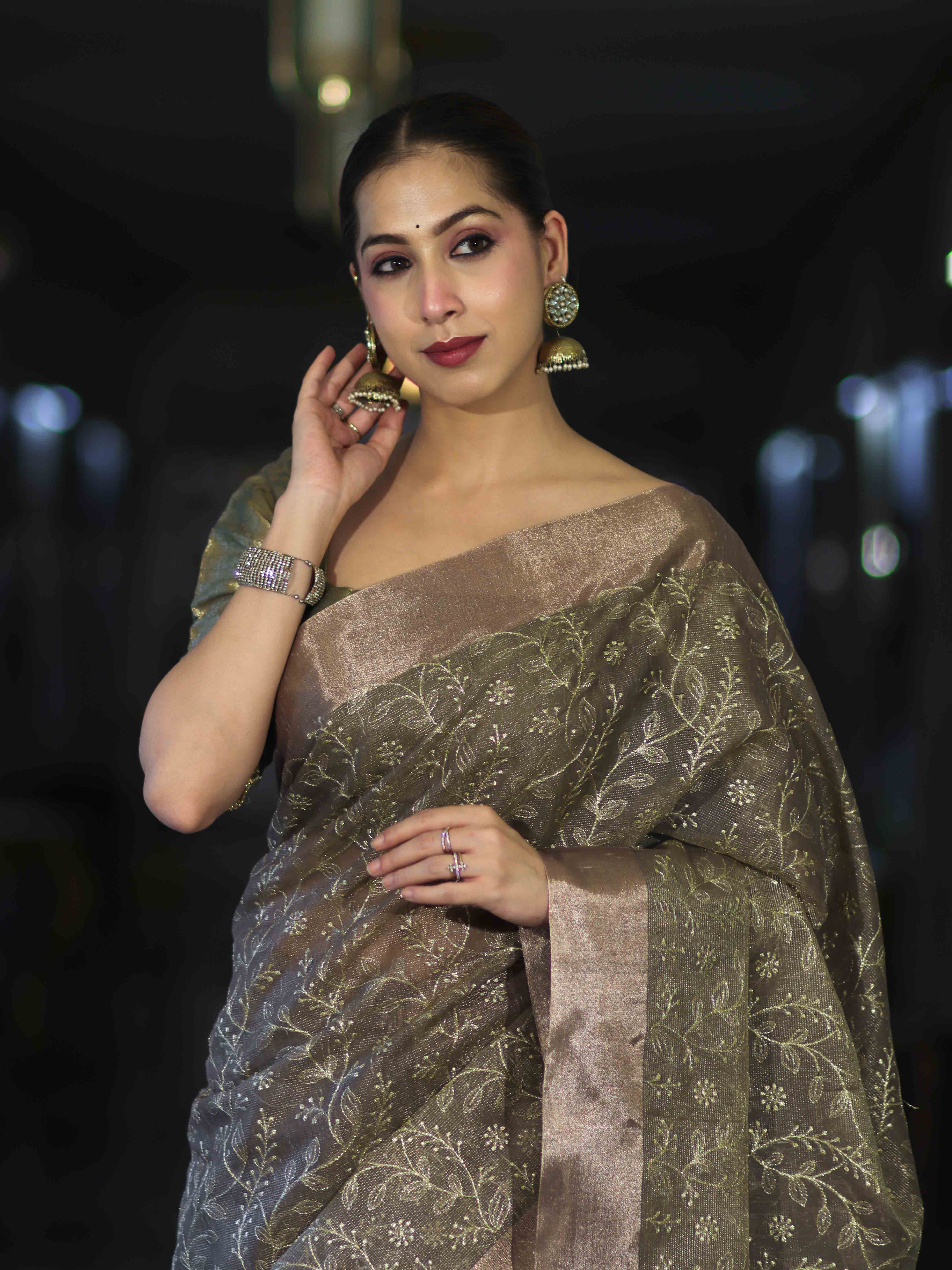 Banarasee Handloom Tissue Saree With Zari Thread Floral Embroidery & Border-Sage Green (Purple Tone)