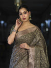 Banarasee Handloom Tissue Saree With Zari Thread Floral Embroidery & Border-Sage Green (Purple Tone)