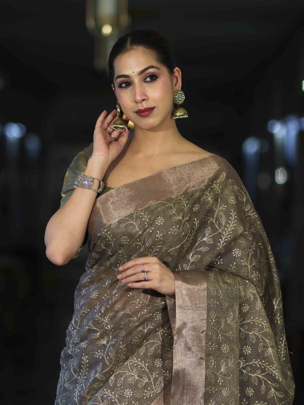 Banarasee Handloom Tissue Saree With Zari Thread Floral Embroidery & Border-Sage Green (Purple Tone)