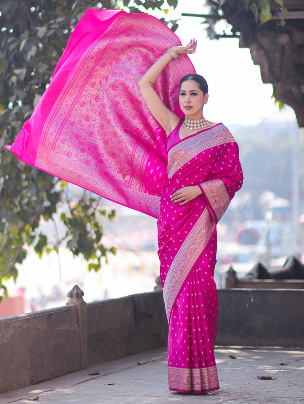 Banarasee Handloom Semi Katan Saree With Zari Buti Design & Border-Pink
