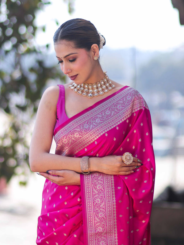 Banarasee Handloom Semi Katan Saree With Zari Buti Design & Border-Pink