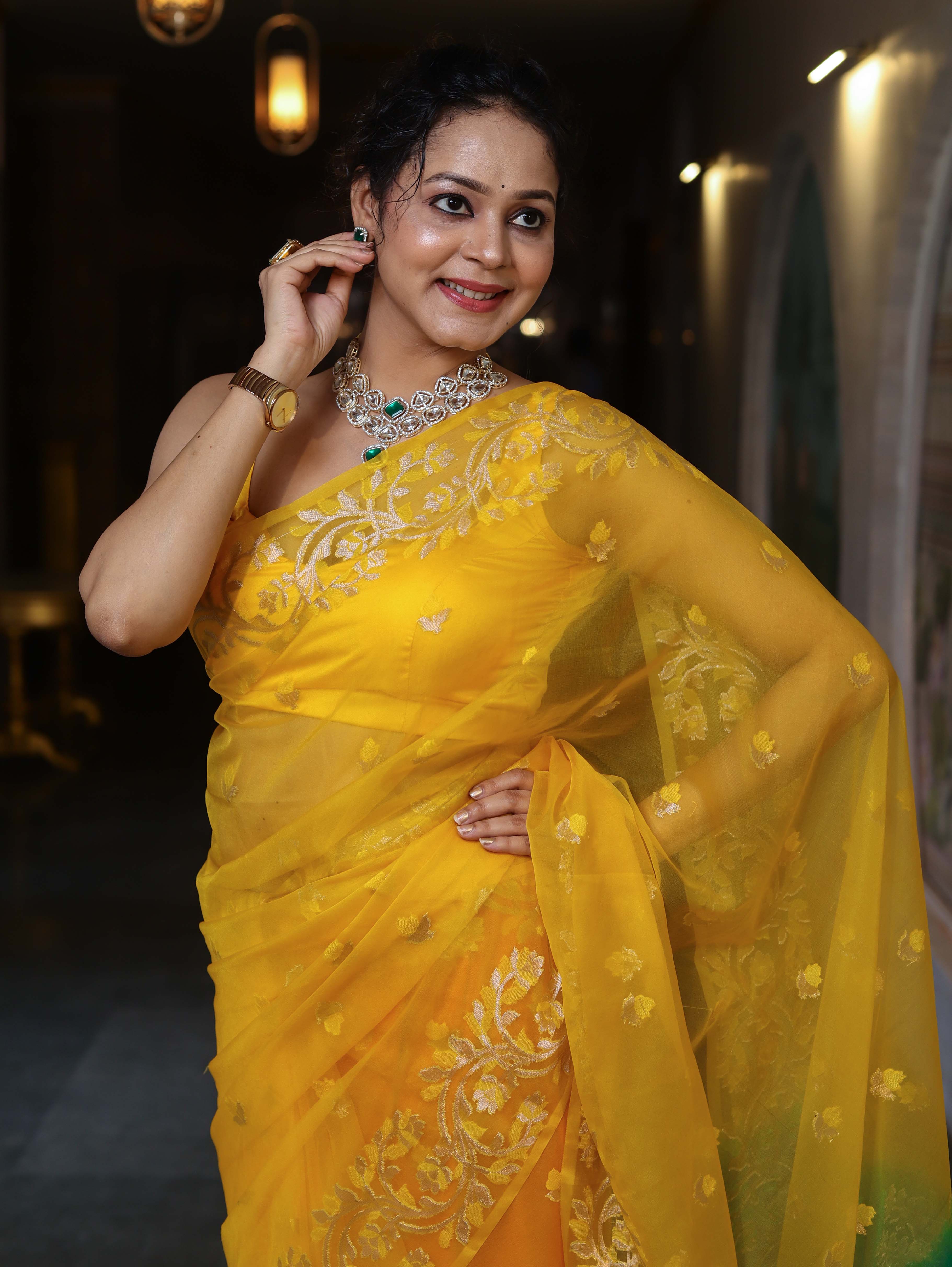 Banarasee Dual Color Organza Mix Saree With Zari & Resham Work-Yellow & Green