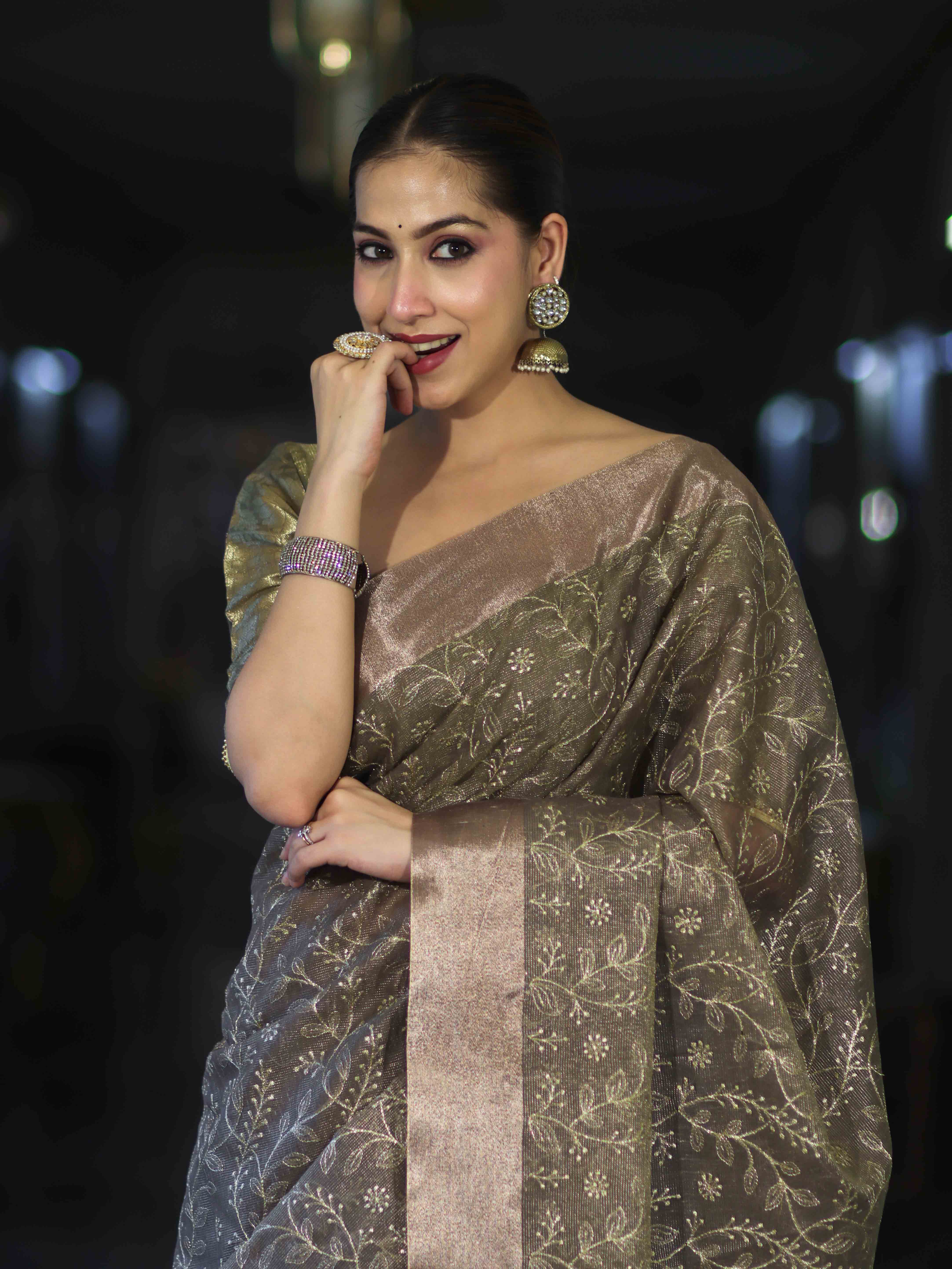 Banarasee Handloom Tissue Saree With Zari Thread Floral Embroidery & Border-Sage Green (Purple Tone)
