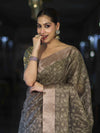 Banarasee Handloom Tissue Saree With Zari Thread Floral Embroidery & Border-Sage Green (Purple Tone)