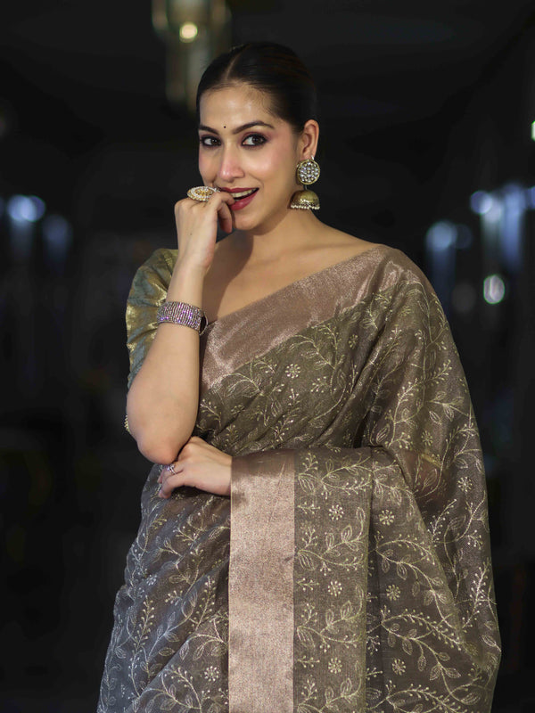 Banarasee Handloom Tissue Saree With Zari Thread Floral Embroidery & Border-Sage Green (Purple Tone)