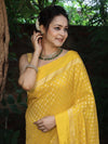 Banarasee Handwoven Semi Katan Saree Zari Buta Design With Plain Border-Yellow