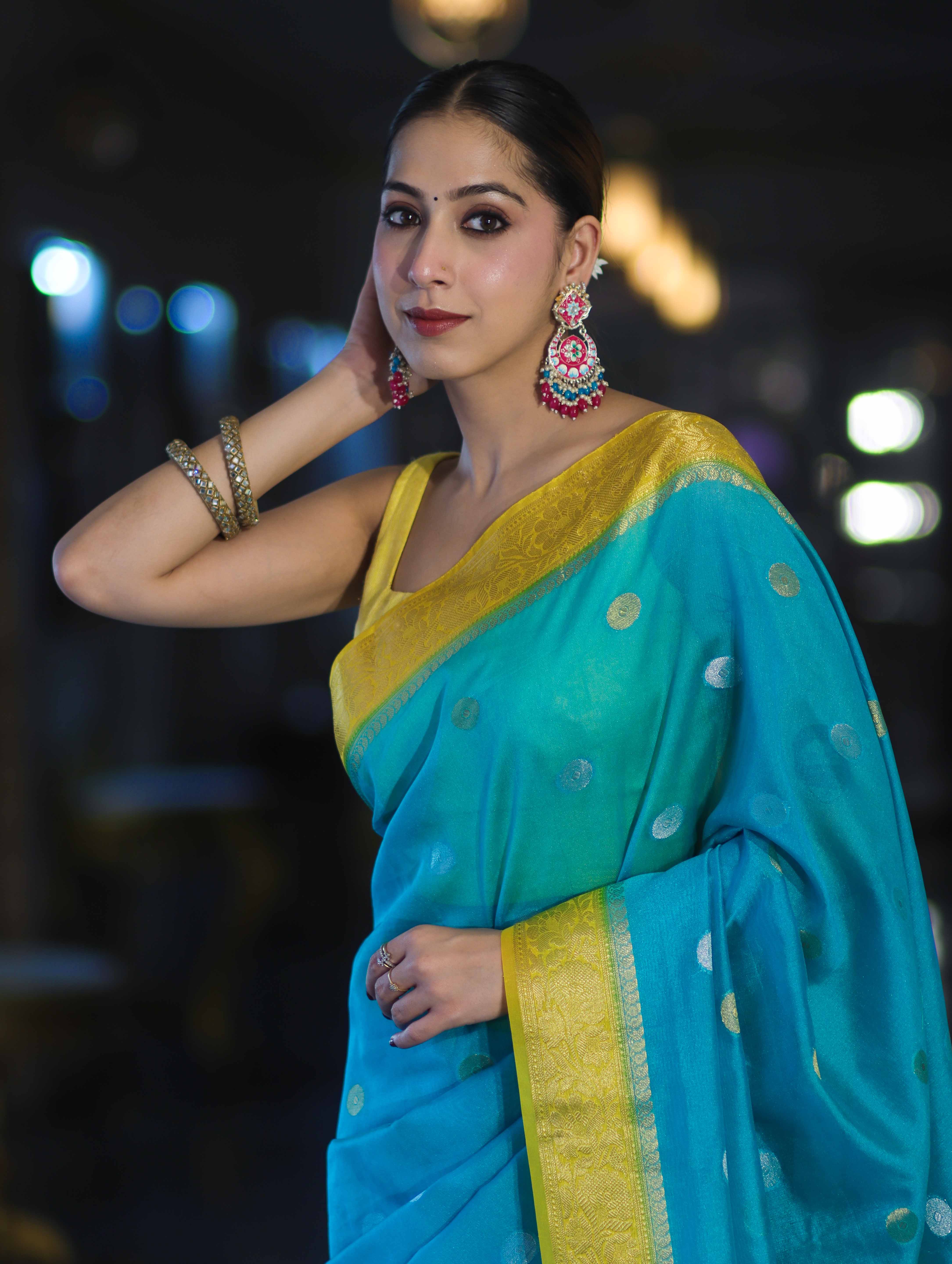 Banarasee Semi Chiffon Saree With Zari Buti Design & Contrast Border-Sky Blue & Yellow
