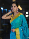 Banarasee Semi Chiffon Saree With Zari Buti Design & Contrast Border-Sky Blue & Yellow