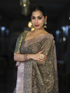 Banarasee Handloom Tissue Saree With Zari Thread Floral Embroidery & Border-Sage Green (Purple Tone)