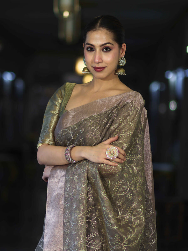 Banarasee Handloom Tissue Saree With Zari Thread Floral Embroidery & Border-Sage Green (Purple Tone)