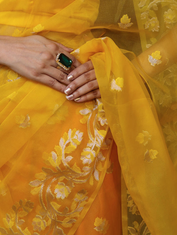 Banarasee Dual Color Organza Mix Saree With Zari & Resham Work-Yellow & Green