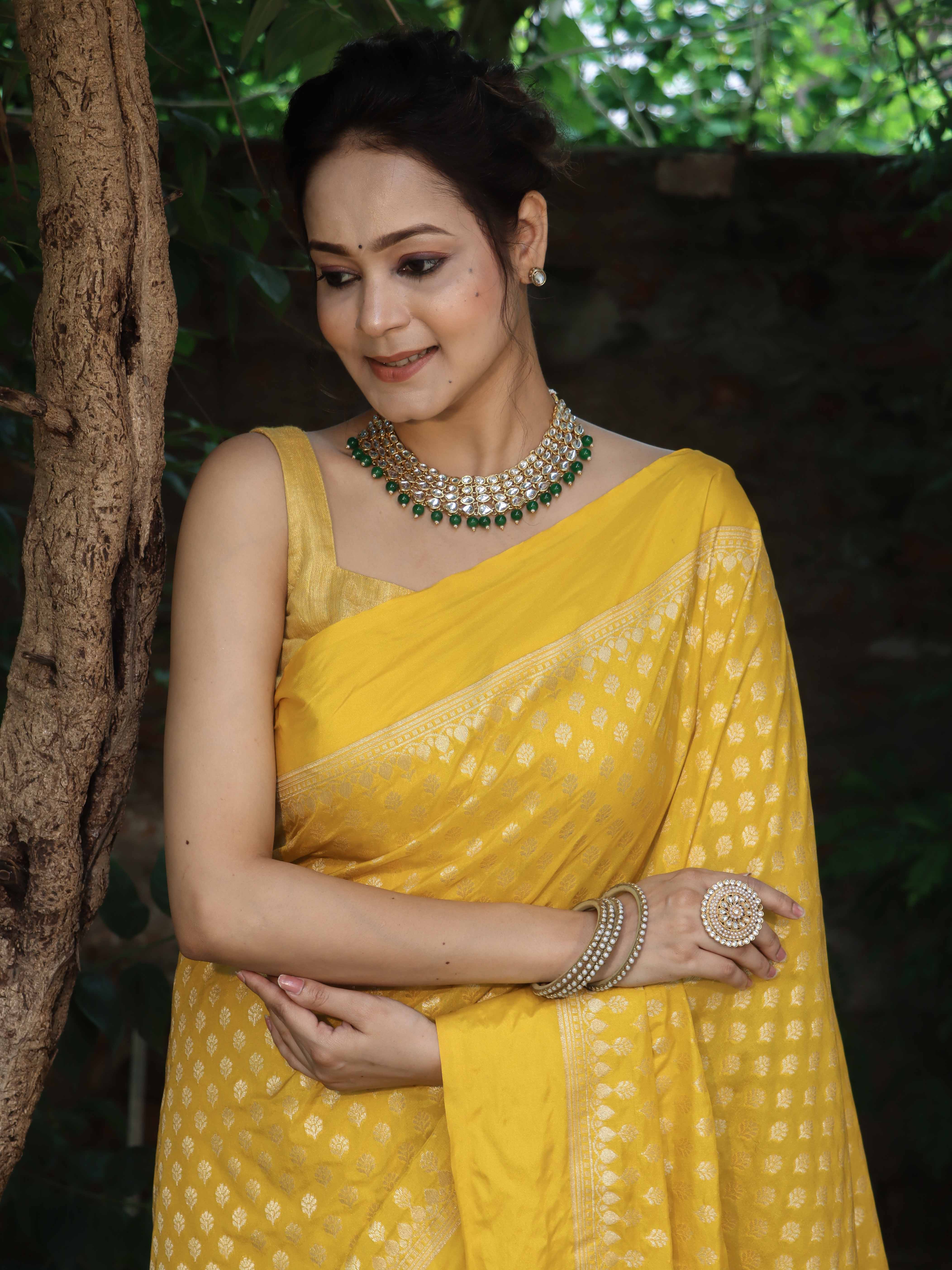 Banarasee Handwoven Semi Katan Saree Zari Buta Design With Plain Border-Yellow