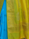 Banarasee Semi Chiffon Saree With Zari Buti Design & Contrast Border-Sky Blue & Yellow