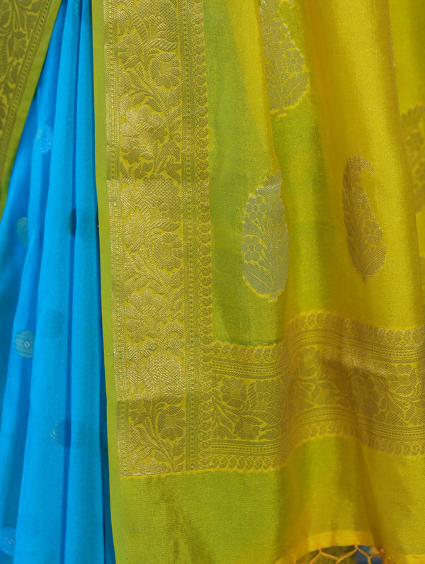 Banarasee Semi Chiffon Saree With Zari Buti Design & Contrast Border-Sky Blue & Yellow