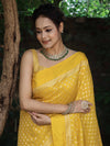 Banarasee Handwoven Semi Katan Saree Zari Buta Design With Plain Border-Yellow