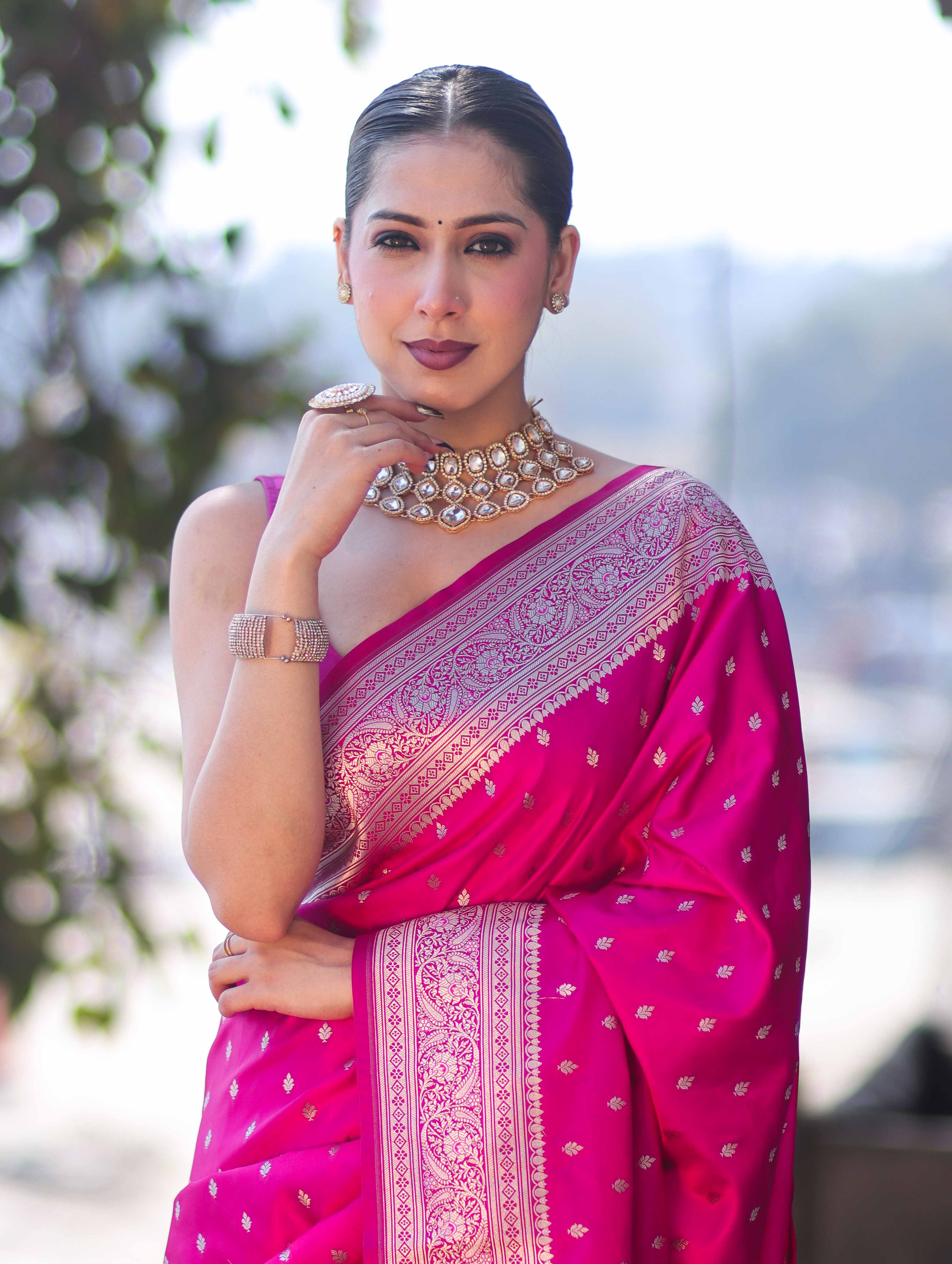 Banarasee Handloom Semi Katan Saree With Zari Buti Design & Border-Pink