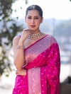 Banarasee Handloom Semi Katan Saree With Zari Buti Design & Border-Pink