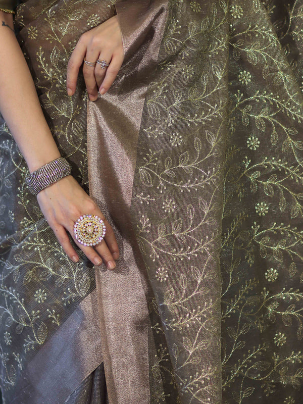 Banarasee Handloom Tissue Saree With Zari Thread Floral Embroidery & Border-Sage Green (Purple Tone)
