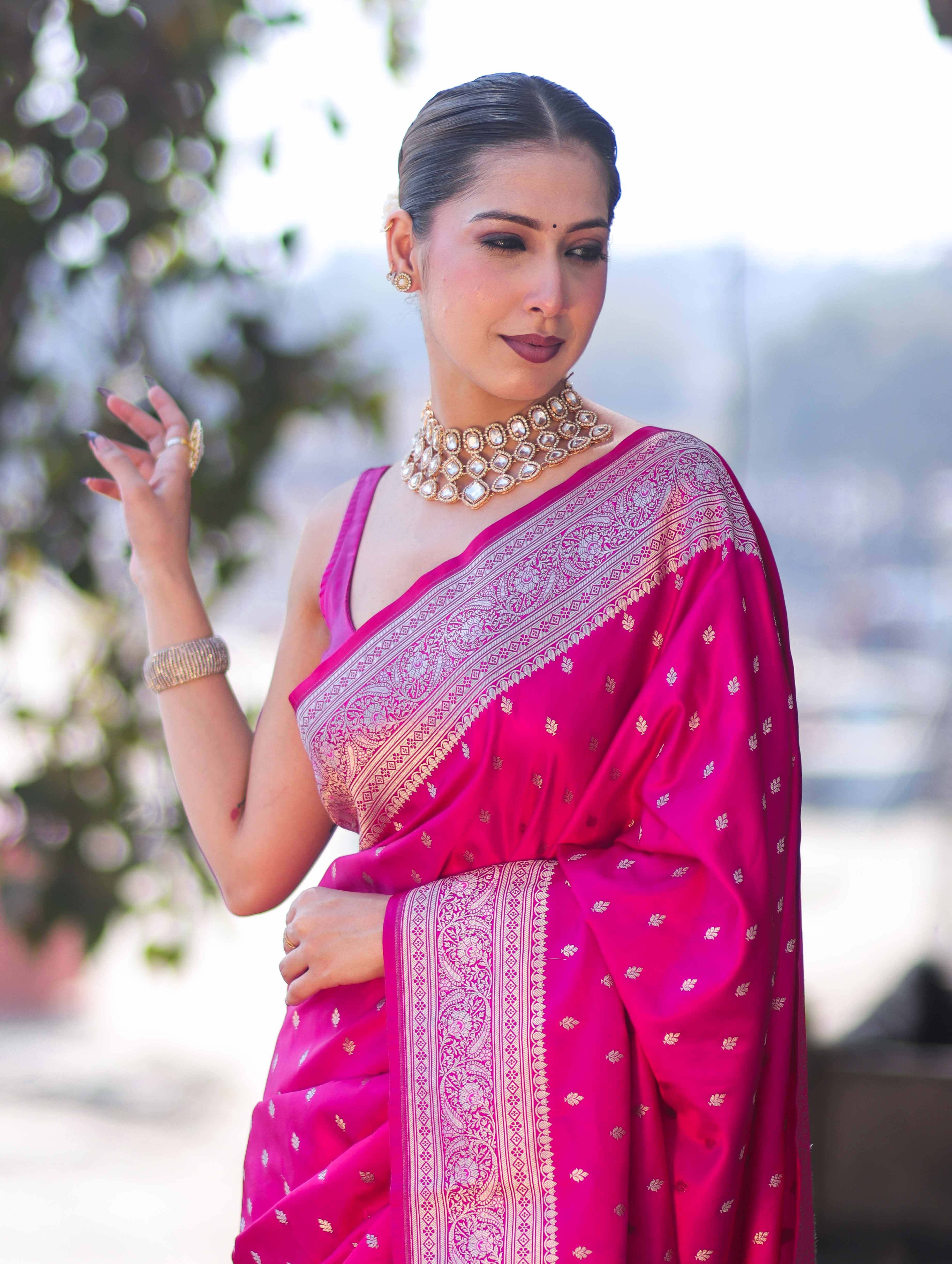 Banarasee Handloom Semi Katan Saree With Zari Buti Design & Border-Pink