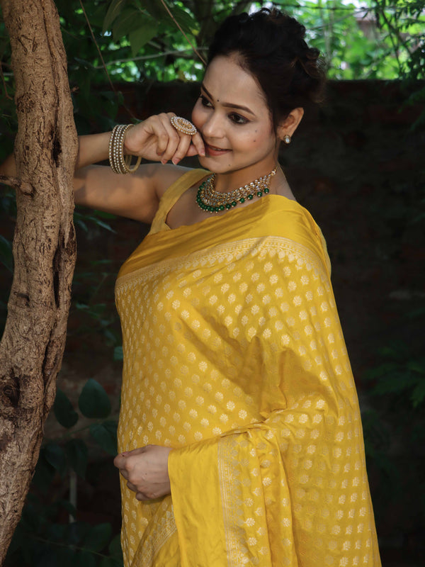 Banarasee Handwoven Semi Katan Saree Zari Buta Design With Plain Border-Yellow