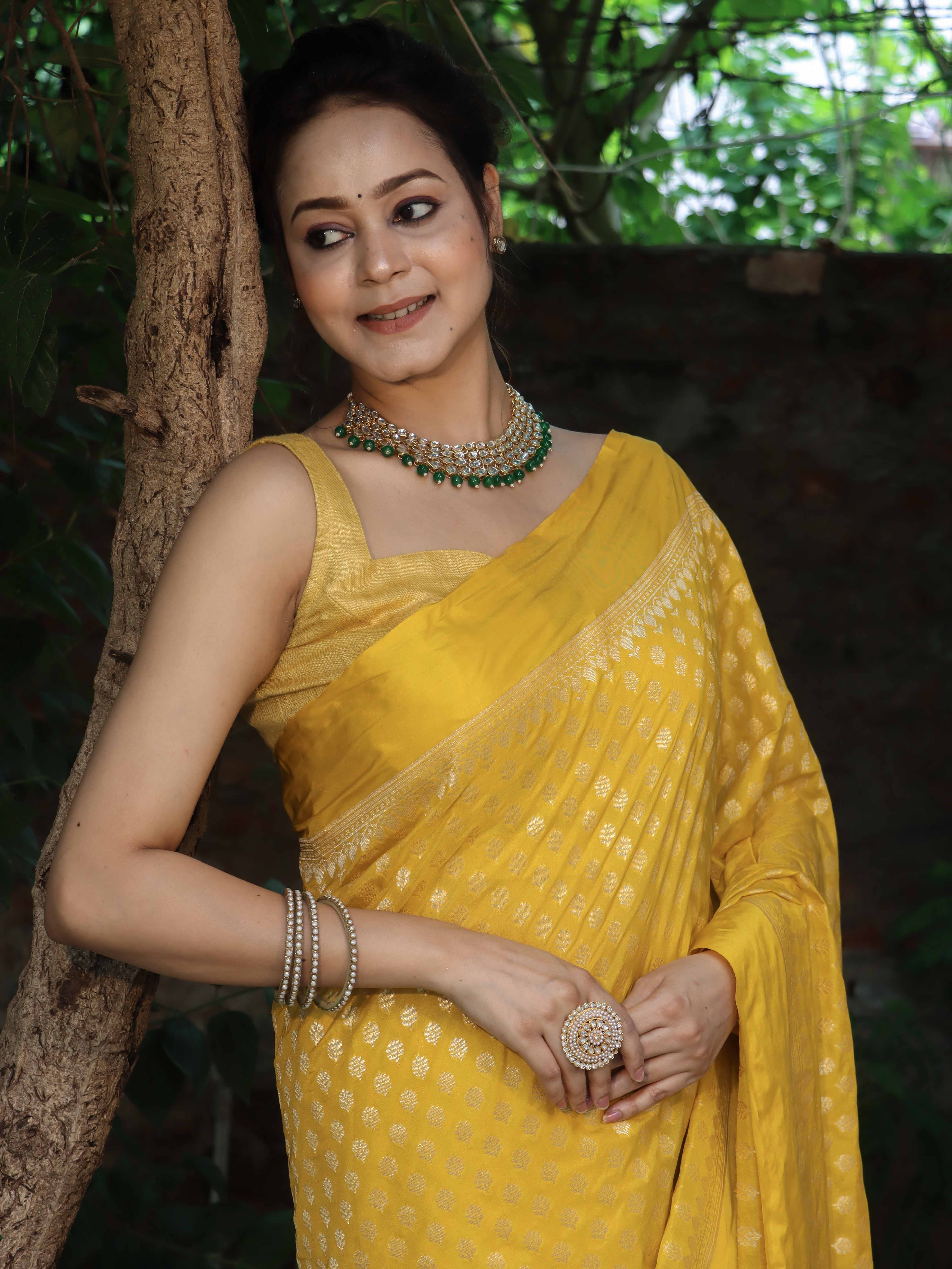 Banarasee Handwoven Semi Katan Saree Zari Buta Design With Plain Border-Yellow