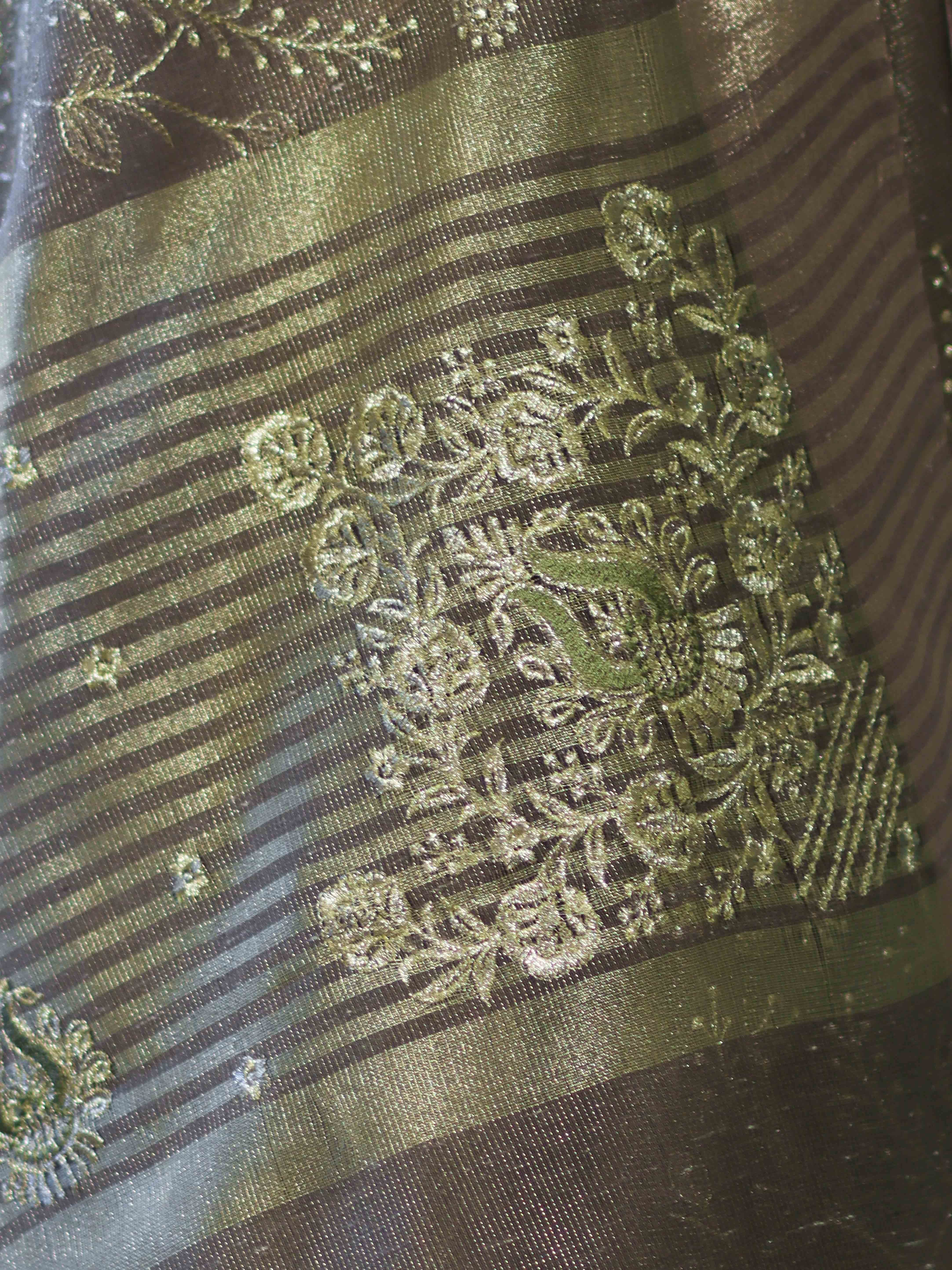 Banarasee Handloom Tissue Saree With Zari Thread Floral Embroidery & Border-Sage Green (Purple Tone)