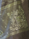 Banarasee Handloom Tissue Saree With Zari Thread Floral Embroidery & Border-Sage Green (Purple Tone)
