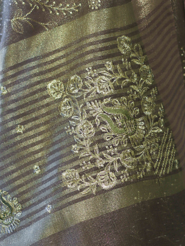 Banarasee Handloom Tissue Saree With Zari Thread Floral Embroidery & Border-Sage Green (Purple Tone)