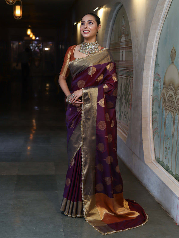 Banarasee Handwoven Semi Silk Saree With Zari Buta Design & Lace-Violet