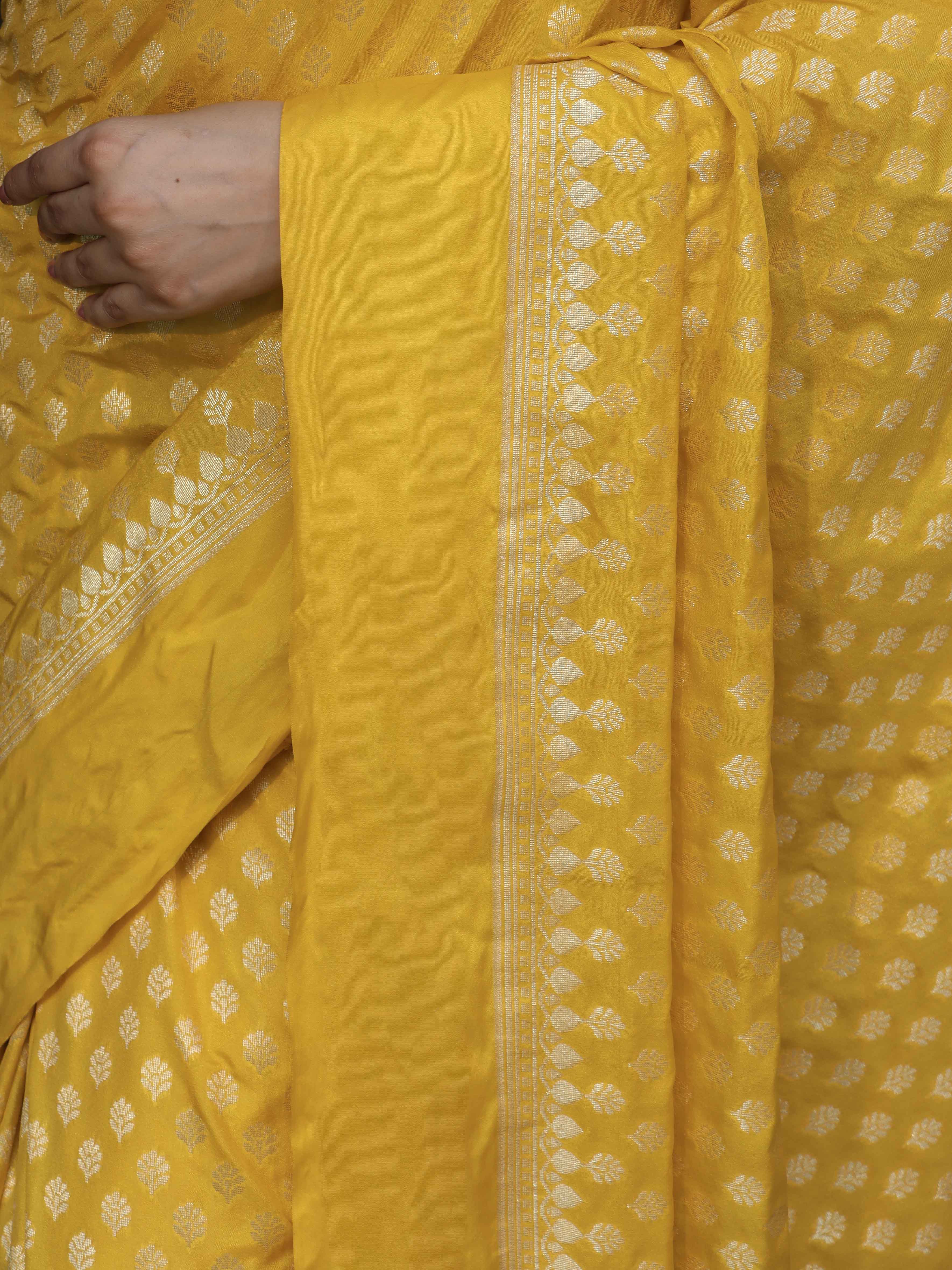 Banarasee Handwoven Semi Katan Saree Zari Buta Design With Plain Border-Yellow